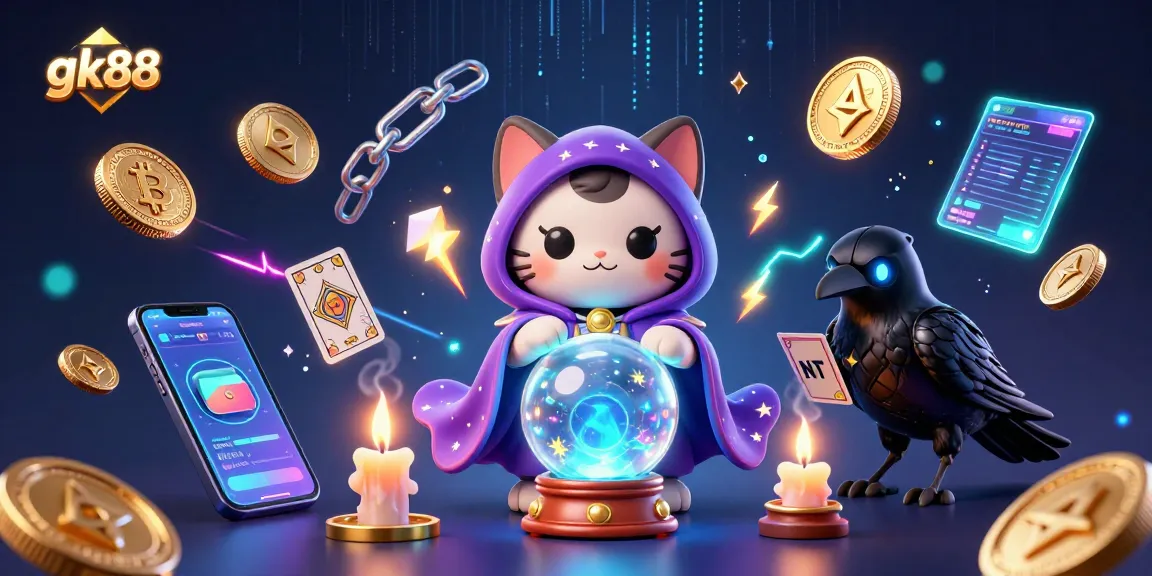 Experience gk88's enchanting casino scene with a mystical cat, raven, and vibrant crypto elements.