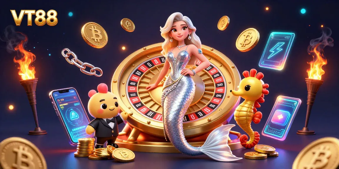 Spin the golden roulette wheel with VT88 in a vibrant casino scene featuring crypto elements.