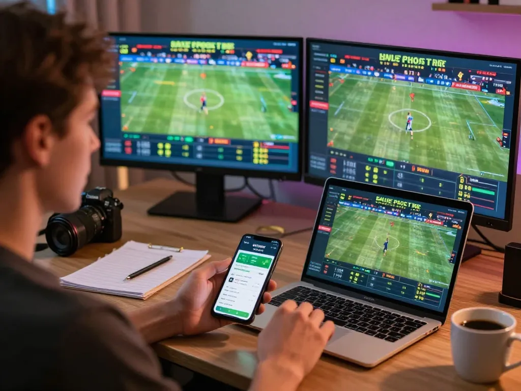 Engaged user placing a bet on sports using the debet app on a smartphone, dynamic gaming atmosphere.