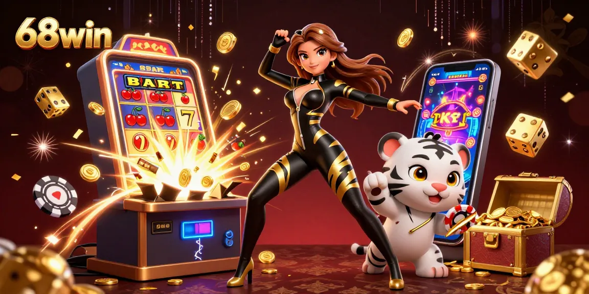 68win showcases an exciting casino scene with a stunning woman and a playful white tiger amidst casino elements.