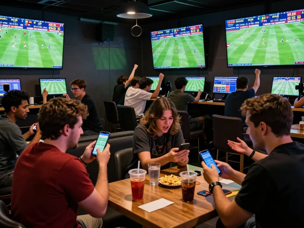 Xem bóng đá trực tiếp as fans cheer during live sports betting event with multiple screens.