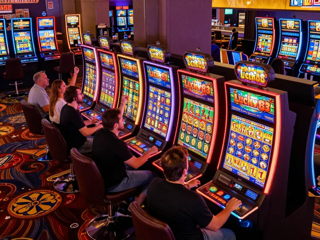 Exciting players at lucky88 slot machines celebrating wins in vibrant casino setting