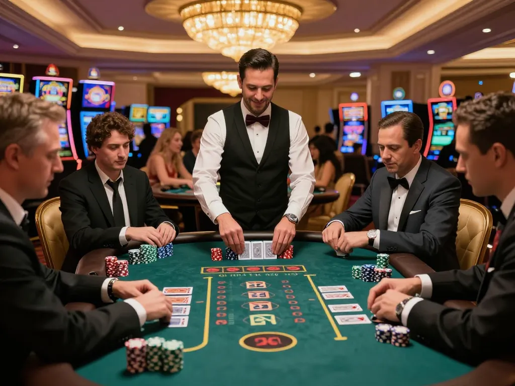 Players at a blackjack table in a luxurious casino, showcasing DA88 strategy with excitement and elegance