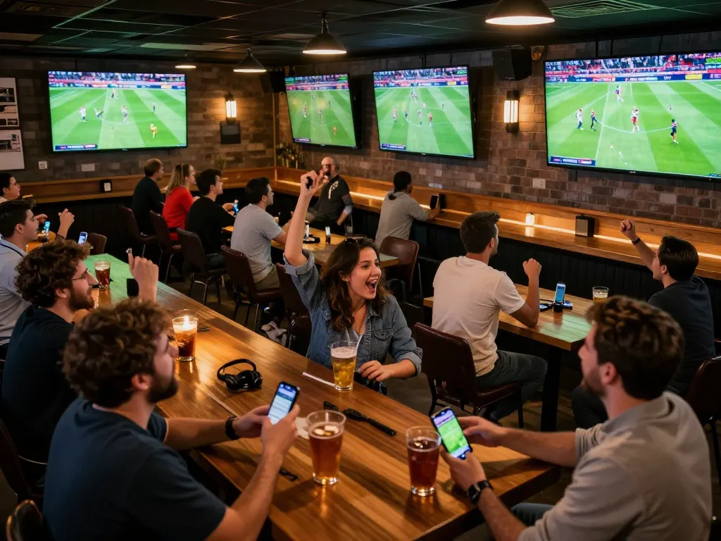Xem bóng đá trực tiếp in an exciting sports bar with fans cheering, vibrant atmosphere and live screens.