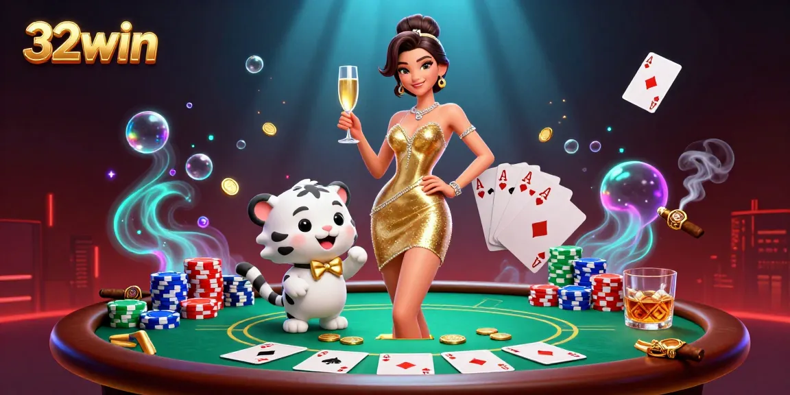 Engage in the excitement of 32win with a glamorous woman and lucky tiger amidst vibrant casino elements.