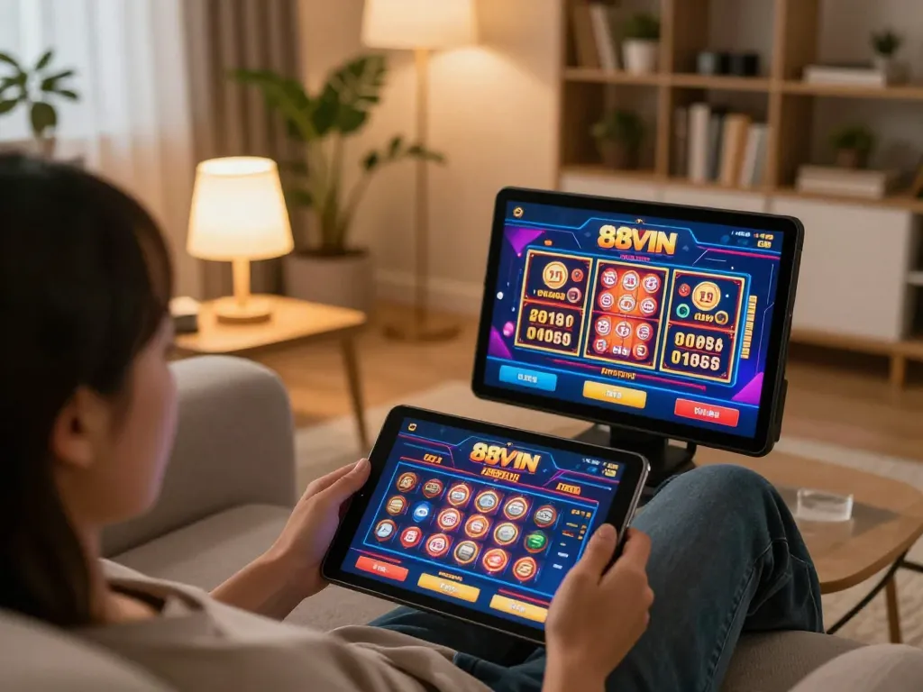 Engaging with 88VIN online casino on a tablet while relaxing at home