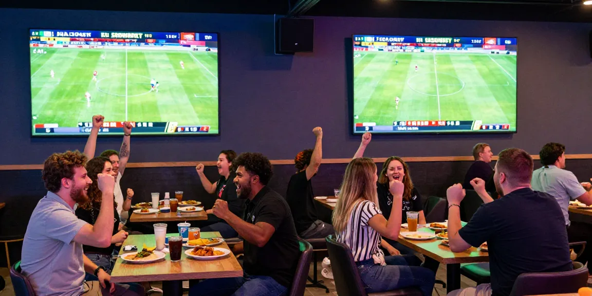 SBOBET betting lounge with friends cheering for live soccer match.