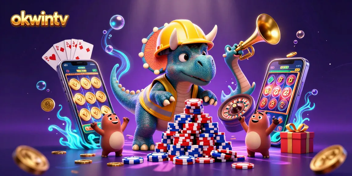 Engage with okwintv as a triceratops builds poker chips amidst a vibrant casino scene.