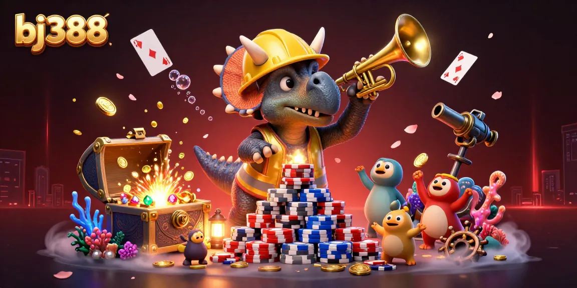 Experience the dynamic world of bj388's online gaming with a fun 3D Jurassic scene celebrating big wins.