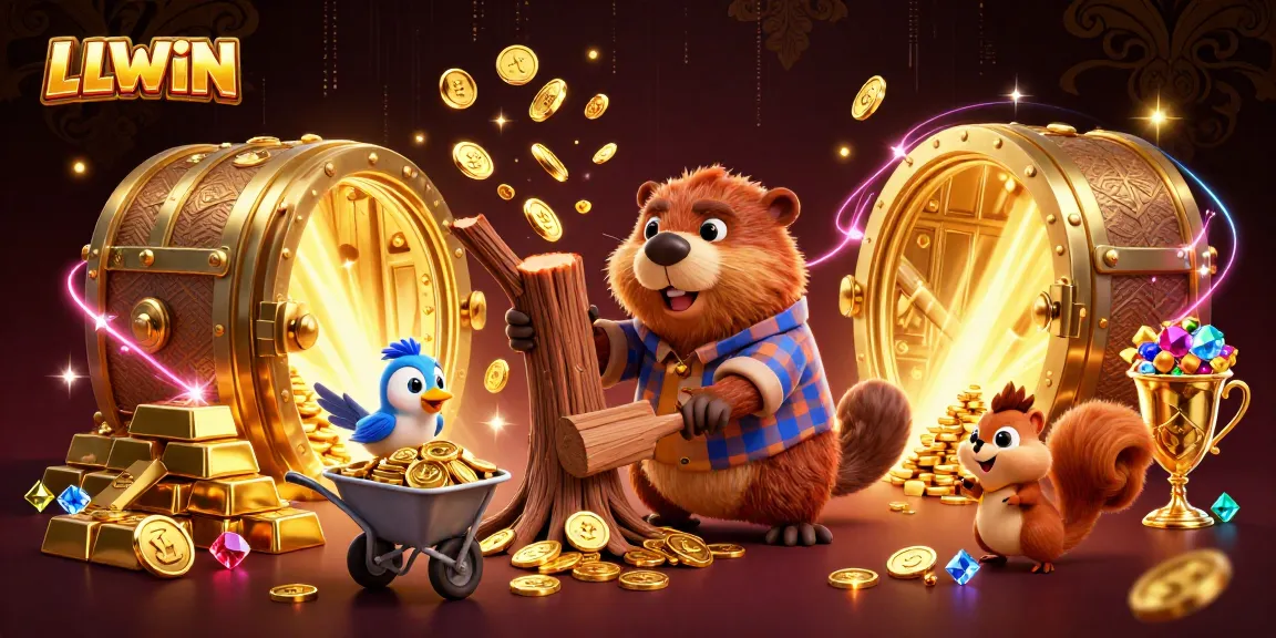 LLWIN promotes fun and excitement with a beaver character in a casino-themed coin rain scene.