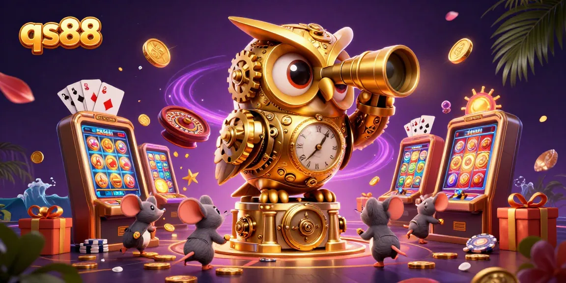 Play exciting slot games at qs88, featuring a vibrant scene of a golden owl and casino elements.