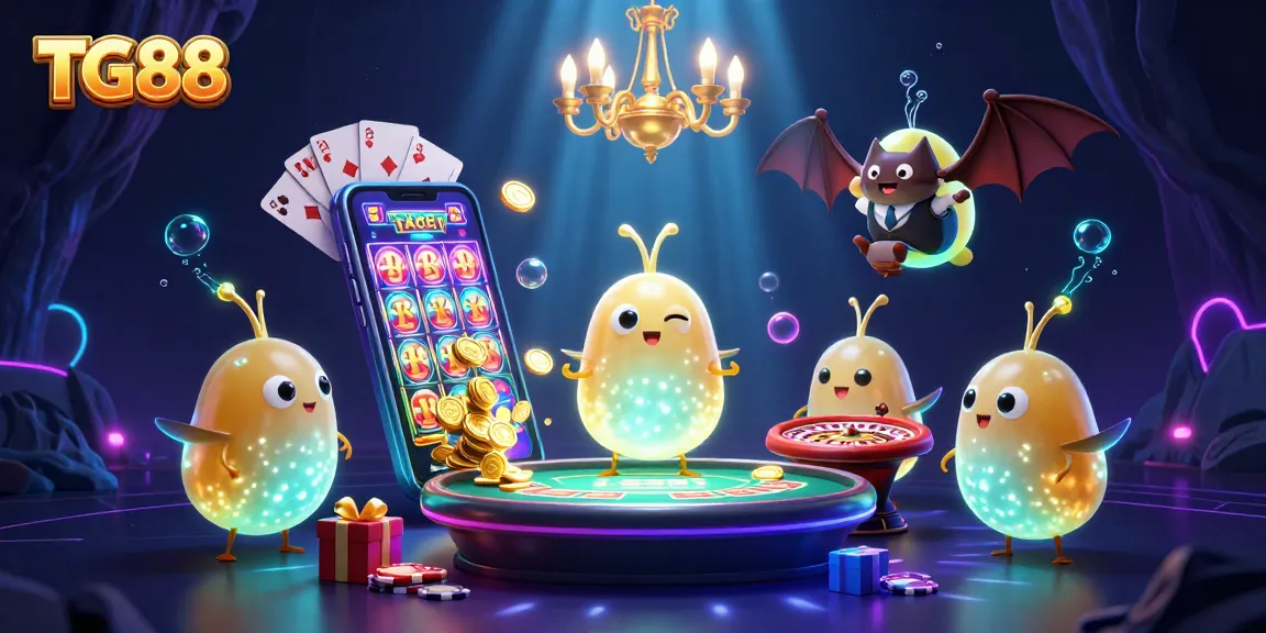Experience the TG88 casino with vibrant glowworms and a bat dealer in a colorful, dynamic scene.
