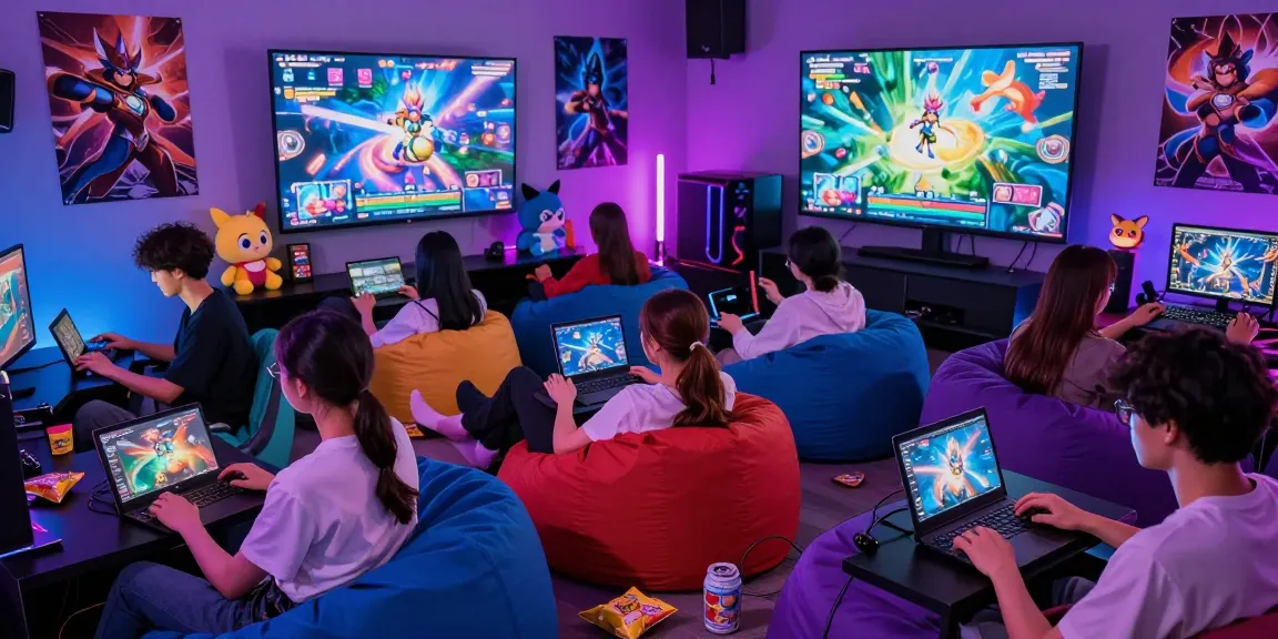 Group of friends enjoying hentaigames in a vibrant gaming room, surrounded by colorful decor.