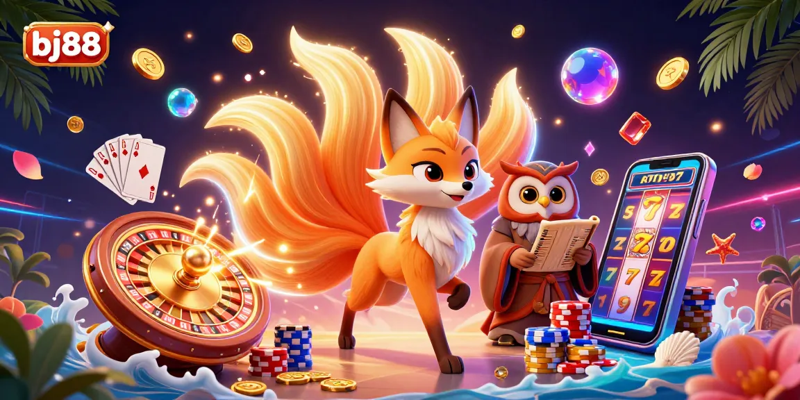 Experience thrilling gameplay at bj88 with vibrant illustrations of a nine-tailed fox spirit and owl sage in a colorful casino setting.