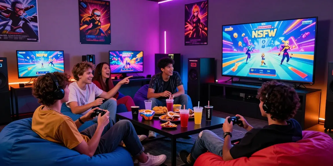 Friends enjoying NSFW games in a lively gaming lounge atmosphere, surrounded by snacks and colorful visuals.