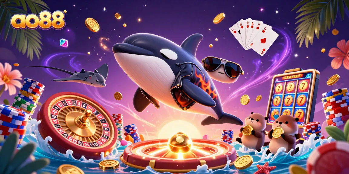 Experience thrills at ao88 with a 3D illustration of vibrant underwater casino action, featuring playful sea creatures.