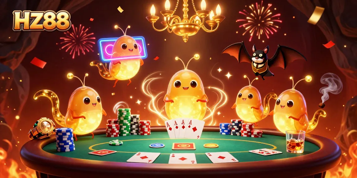 Experience thrilling gameplay at HZ88 as glowworms illuminate a vibrant casino filled with poker excitement.