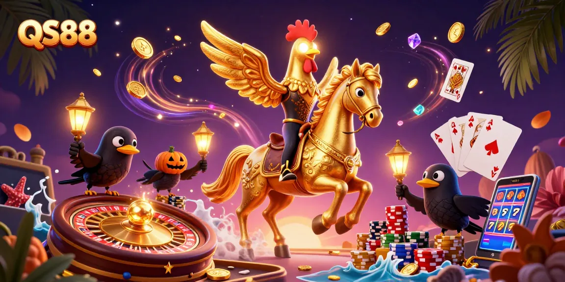 Experience thrilling gaming adventures at QS88 with a golden rooster riding a spectral horse through a vibrant casino scene.