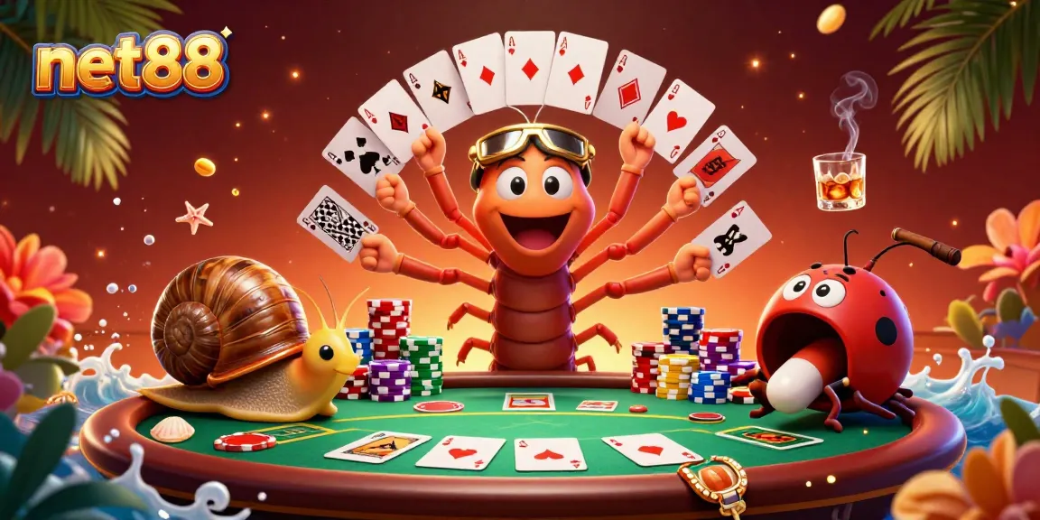 Engage in thrilling poker at net88 with a millipede dealer and high-roller snail amid vibrant casino elements.