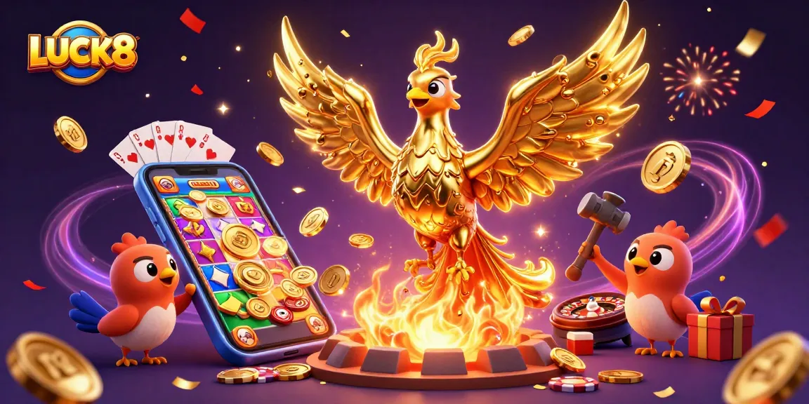 LUCK8 brings exciting casino elements alive with a molten golden phoenix amidst vibrant slot game displays.