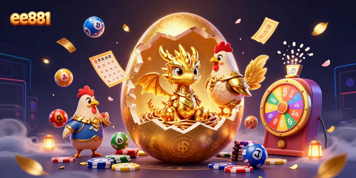 Experience the vibrant gaming excitement at ee881 with a dazzling golden dragon amidst dynamic lottery elements.