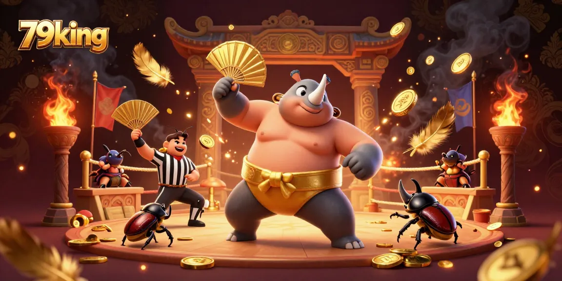Experience the thrilling action of 79king with a sumo beetle champion surrounded by coins and excitement.