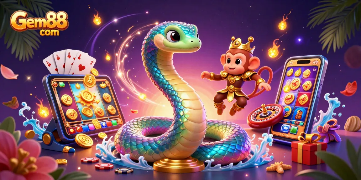 Experience thrilling gaming with Gem88 com featuring a vibrant scene of slots and playful characters.