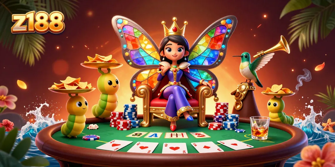 Engage in vibrant poker action at z188 with a colorful butterfly queen and dynamic game elements.