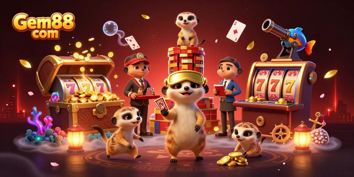 Experience thrilling gameplay at Gem88 com with cartoon meerkats engaging in lively casino action.