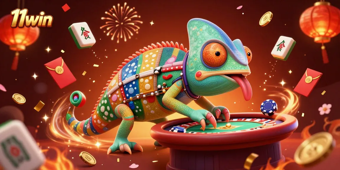 Engage with 11win, a vibrant chameleon casino illustration showcasing dynamic gaming elements.